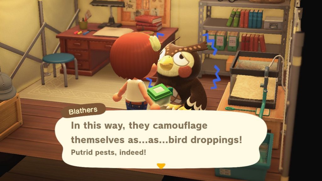 Animal Crossing: New Horizons. Blathers describes a native creature.