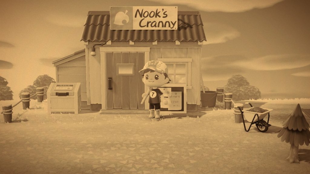 Animal Crossing: New Horizons. Nook's Cranny taken with monochrome filter.