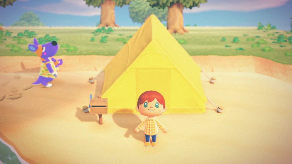 Animal Crossing: New Horizons. The villager stands outside his tent.