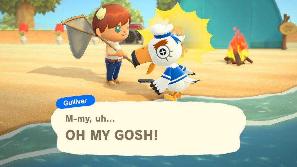 Animal Crossing: New Horizons. Gulliver realises his communicator is broken.