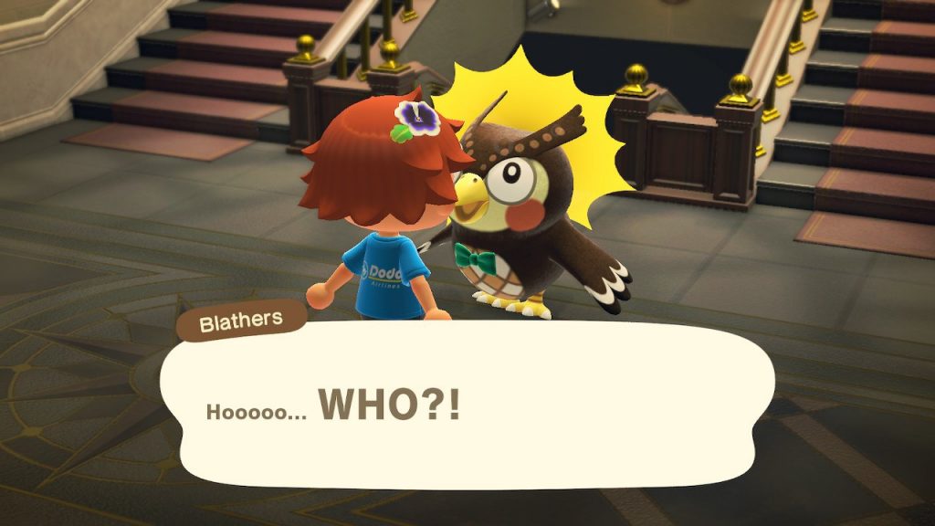 Animal Crossing: New Horizons. Blathers is startled.