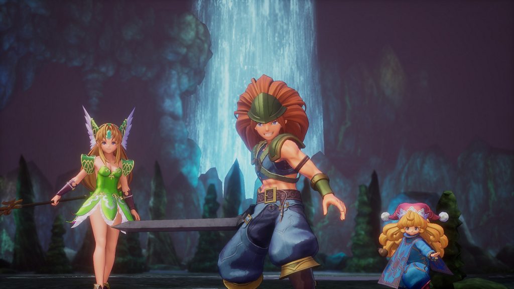 Trials of Mana. Reisz, Duran and Charlotte get ready for battle.