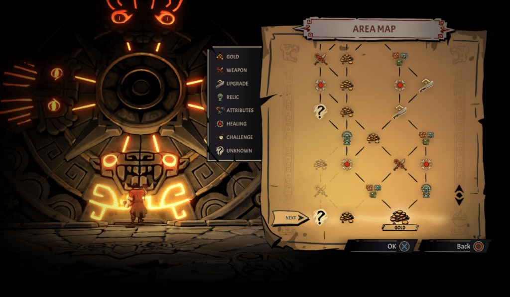 UI showing the map of the temple, allowing you to choose your starting room.