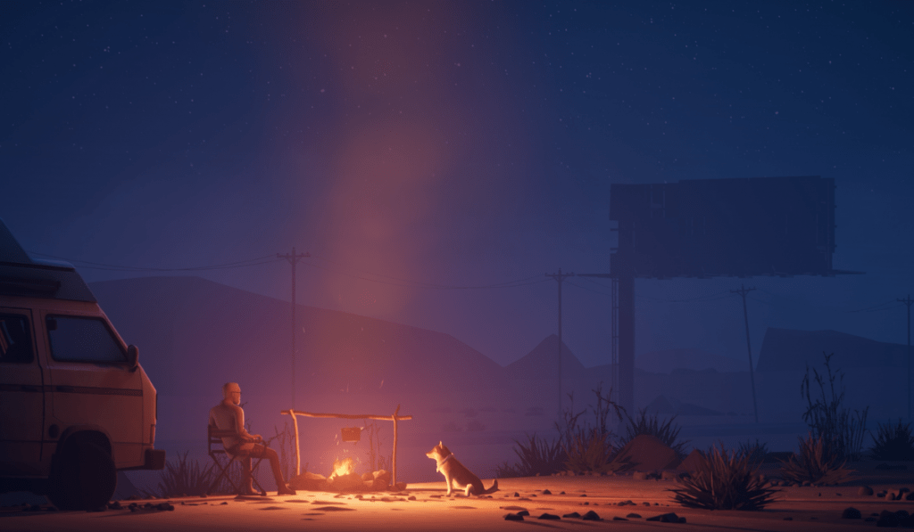 A man and his dog sitting by a open fire and the open road.