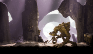 A small humanoid does battle with a giant rock monster.