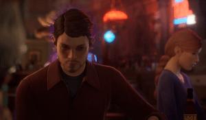A screenshot showing Alex's power creating a purple aura around a bar patron.