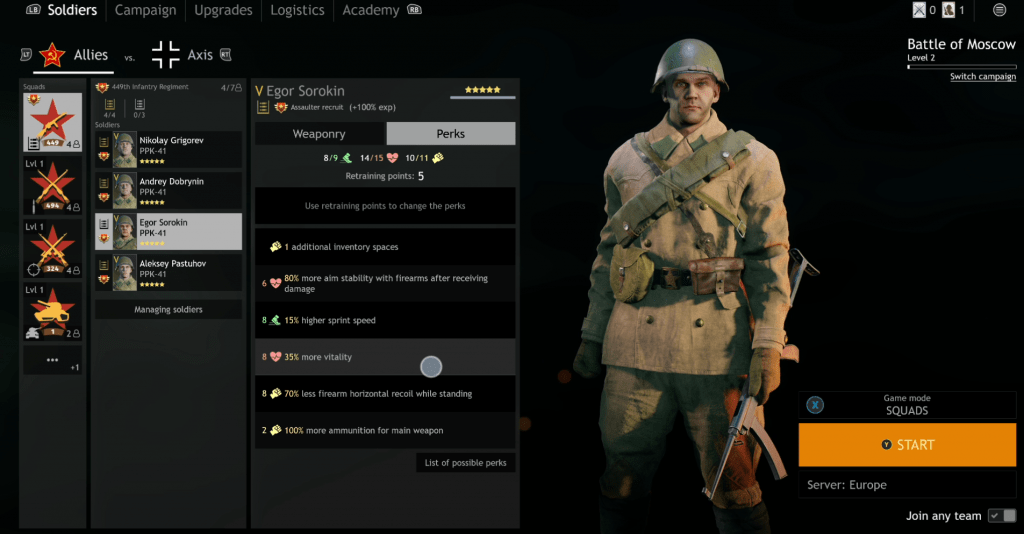Perks window for customising your soldiers