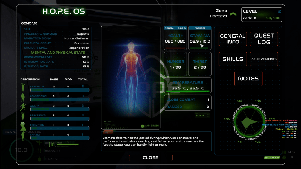 Stat window showing your characters DNA you chose and all aspects of your characters status