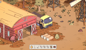 Scene in Wind Peaks showing a flat bed truck next to a barn.