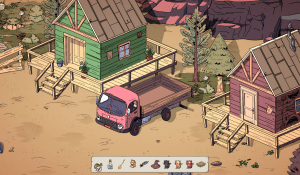 A scene in Wind Peaks showing a flat bed truck parked between 2 houses.