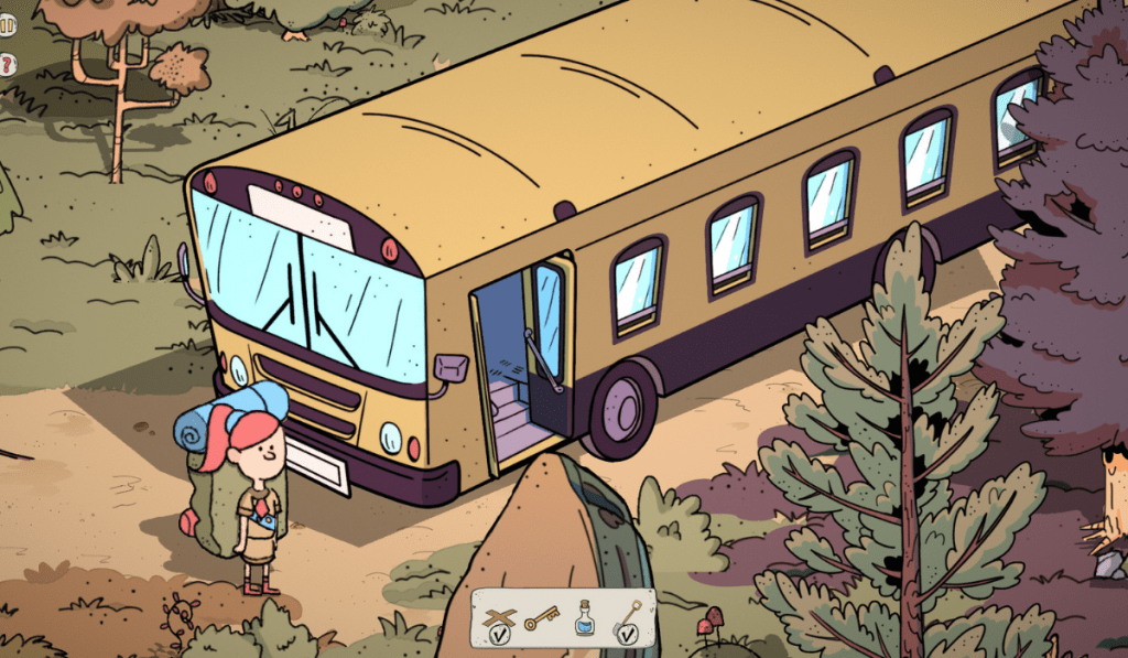 A scene from Wind Peaks. A school bus is parked up in the woods with a girl Scout stood in front of it.
