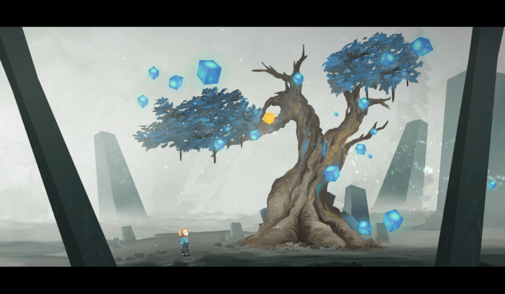 San stands before a tree with floating blue cubes all around it. There is one yellow cube among them.