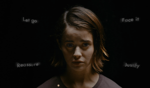 Erica is shown looking directly into the camera. 4 words appear on screen with her, each representing an option the player can choose.