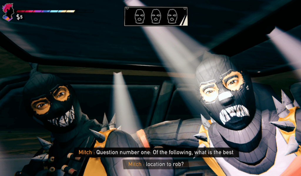 A faux gameshow scene taking place within a car. Two masked men ask questions to the player character.