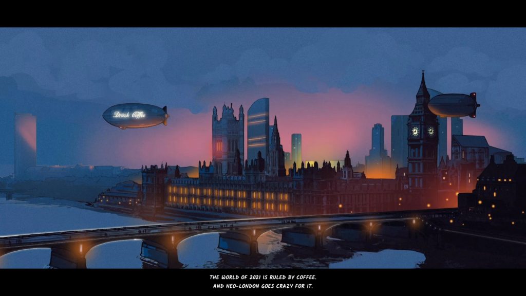 Coffee Noir cutscene showing airships flying over Neo-London