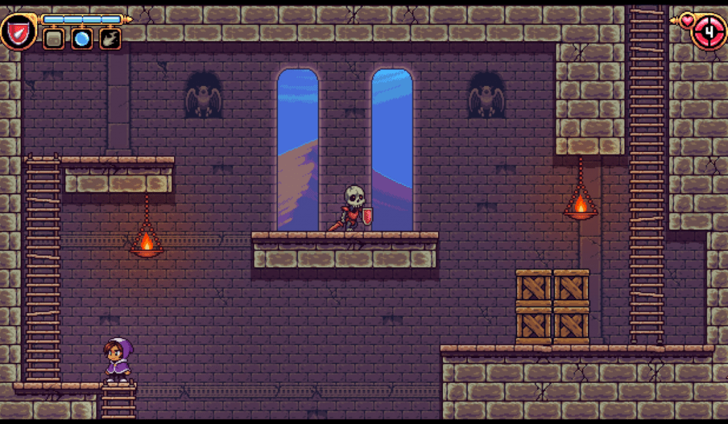 Zoe in a room with a skeletal enemy on a platform above her. The enemy is carrying a shield.