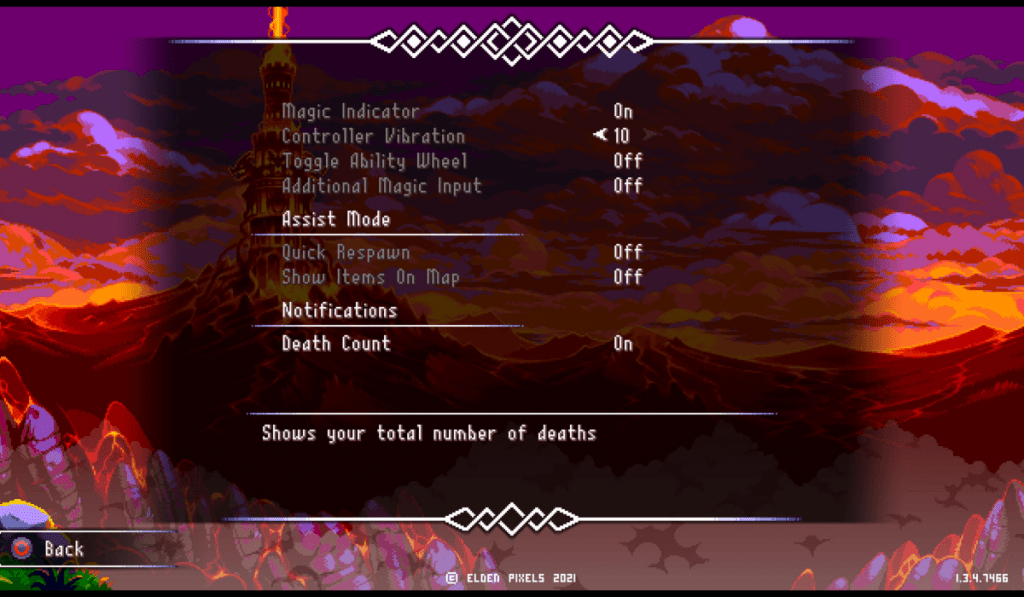 The options menu. Showing an option to have a visible death counter shown whilst playing.
