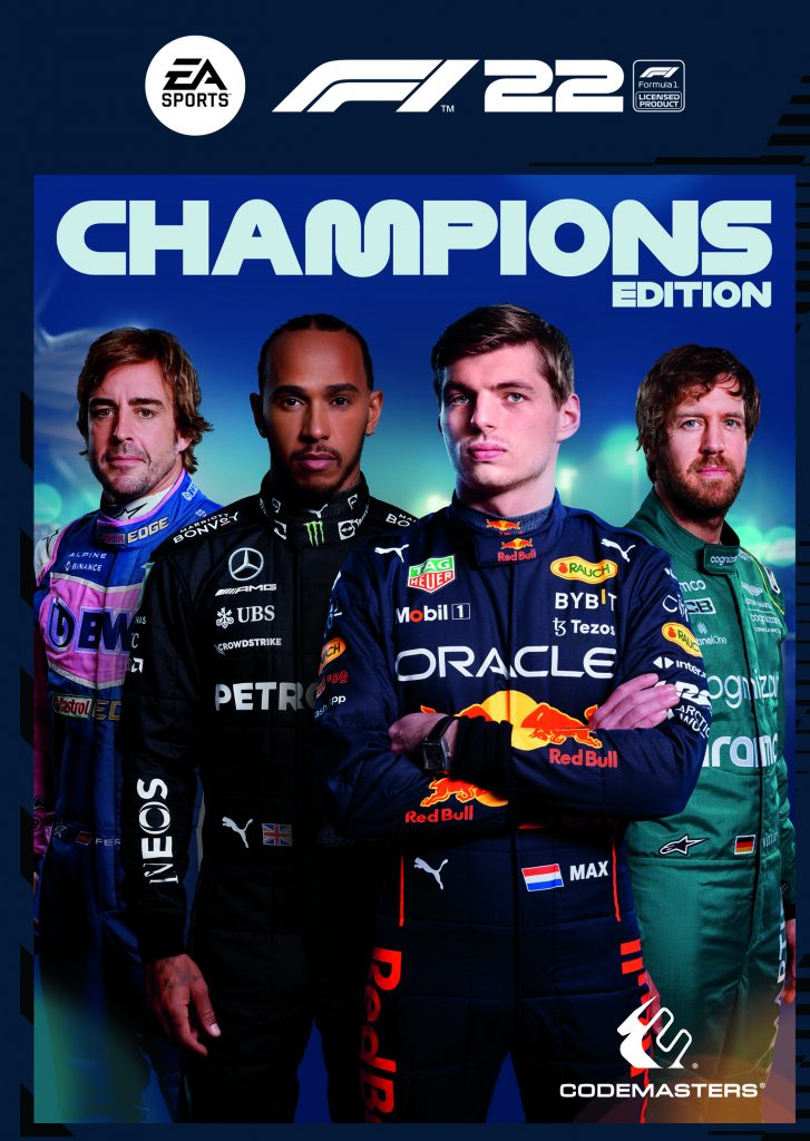 F1 2022 Champions Edition cover art featuring Max Verstappen, Lewis Hamilton, Sebastian Vettel and Fernando Alonso