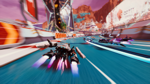 Redout 2 stylised racetrack with multiple hoverships travelling at high speeds