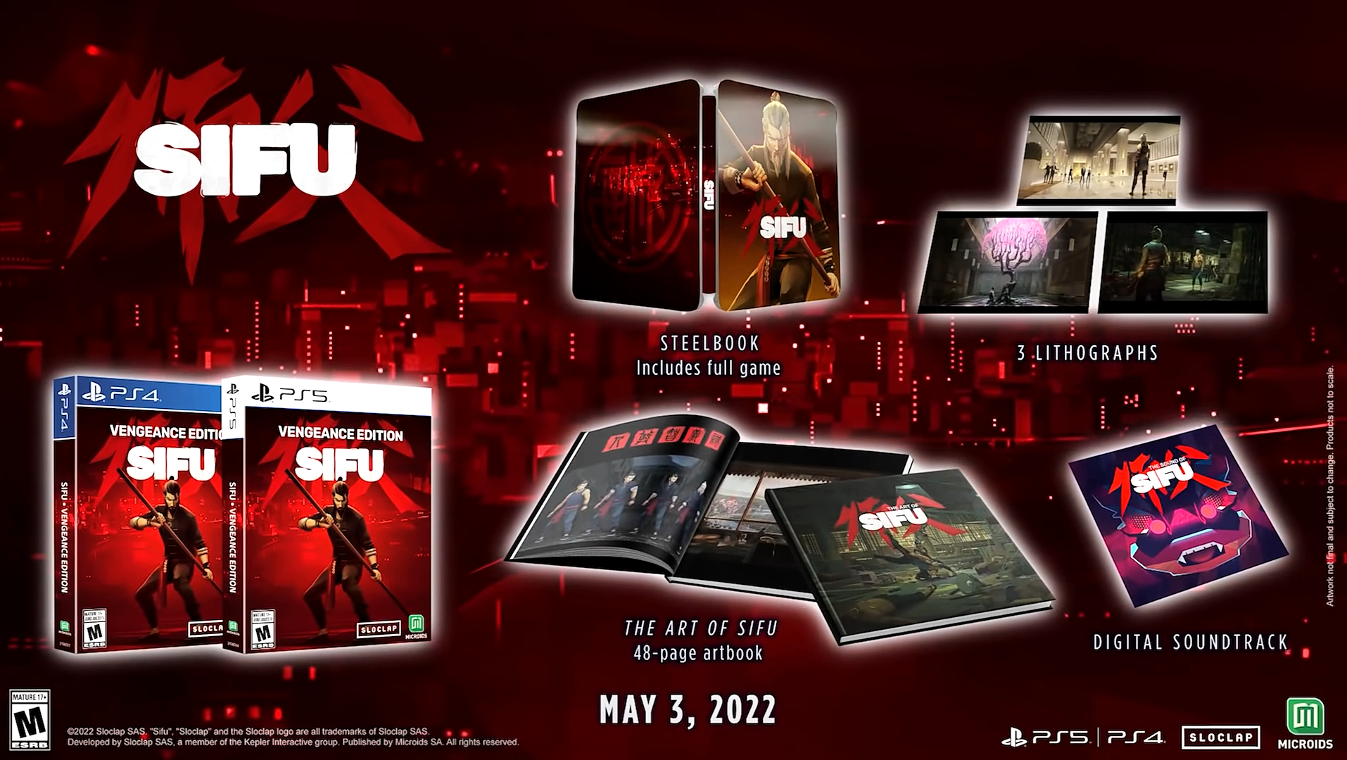 Contents of the Sifu Vengence edition on PS4 and PS5 showing a copy of the game, 48 page artbook, digital soundtrack, 3 lithoraphs and steelbook case