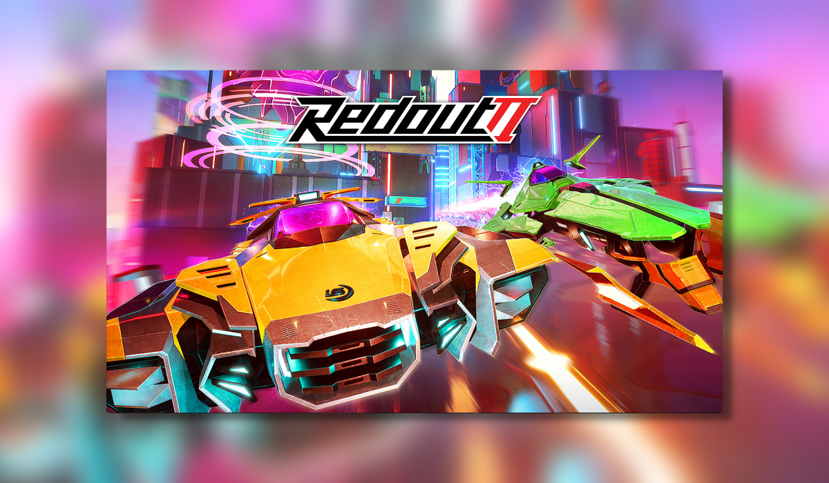 Image depicts the Anti Gravitiy racing vehicles of Redout 2 showing a yellow vehicle in the foreground to the left with a green vehicle racing closely in the background to the right