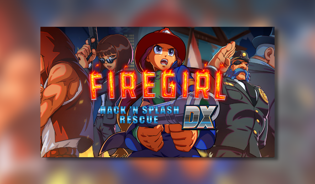 Firegirl Hack N Splash Rescue DX logo featuring a background showimg the different characters in the game
