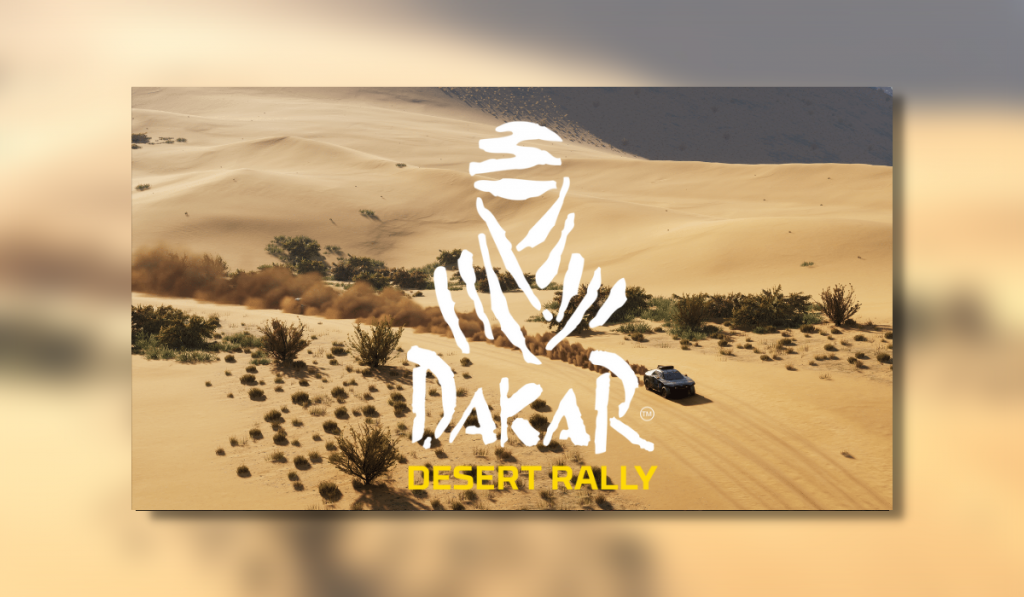 Dakar Desert Rally logo overlaid on screenshot from game of a rally car racing through the desert