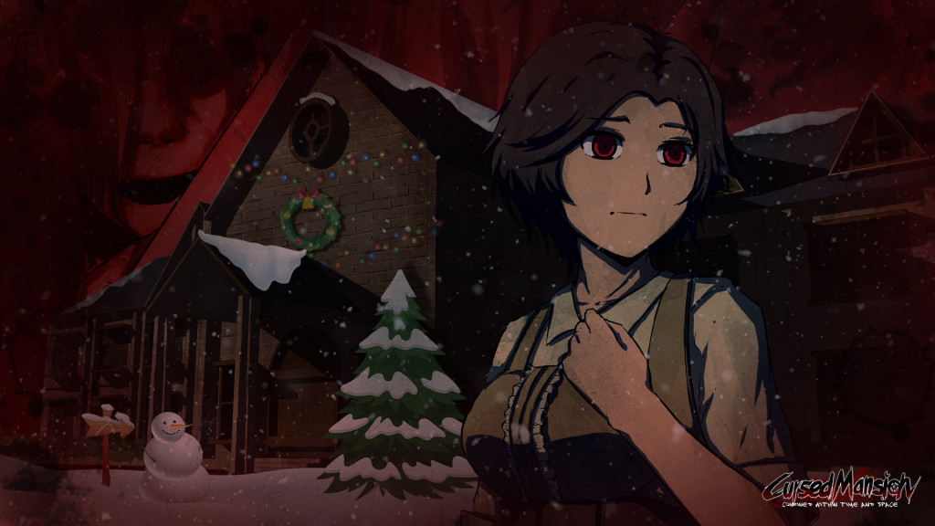 Rose in front of the Cursed Mansion with a demonic character behind her.