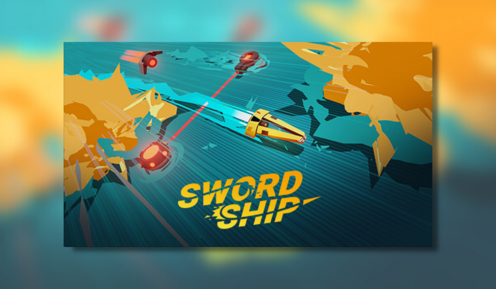 Swordship key art - a futuristic yellow ship races across the surface of the waters avoiding being attacked by enemy drones and dodging explosions