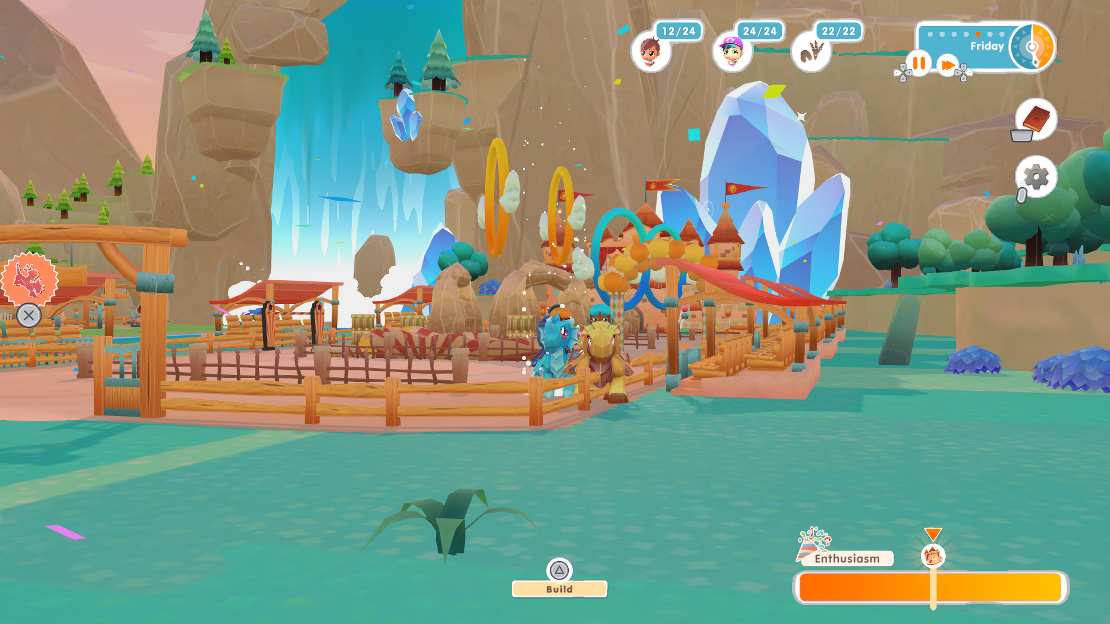 close up view of 2 dragons, one gold and one turquoise colour, participating in a festival on the ranch. The bottom right of the image shows an enthusiasm meter which must be filled to a certain point to begin the festival. 