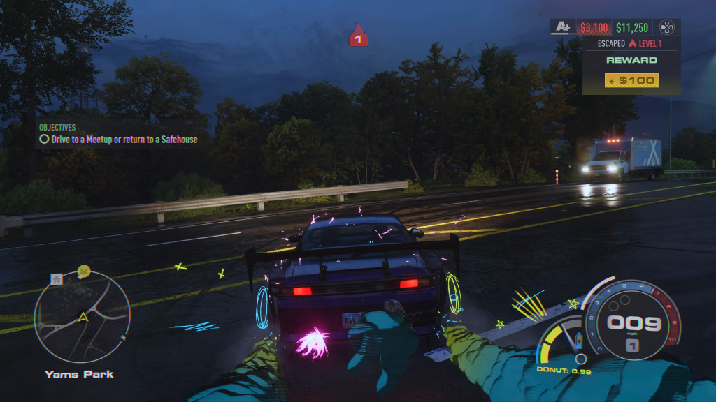 screenshot showing a car drifting with cartoon effects around the vehicle