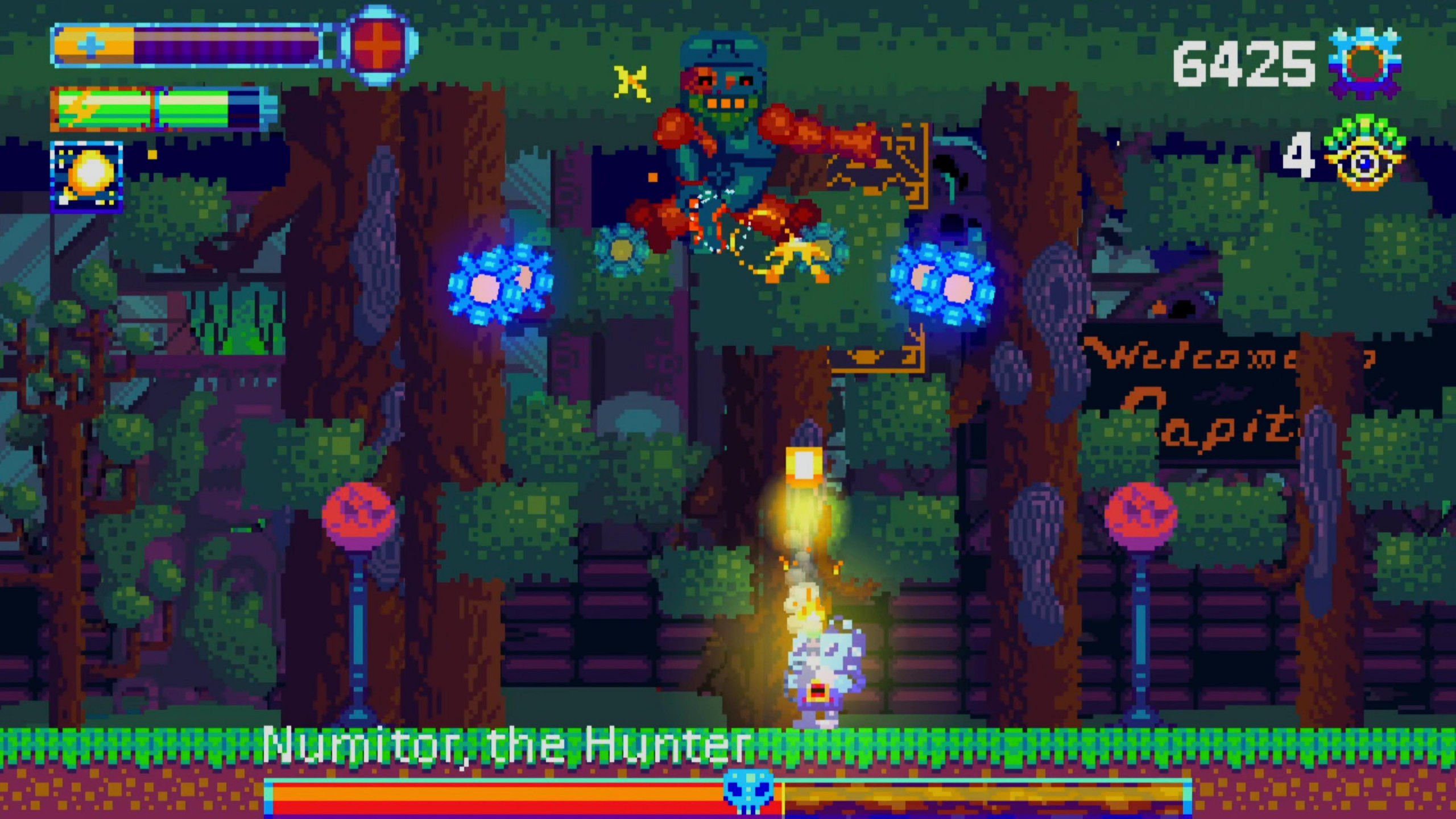The boss "Numitor, the hunter" levitates at top center of the screen while firing projectiles downwards. OmegaBot stands at bottom firing upwards towards the enemy