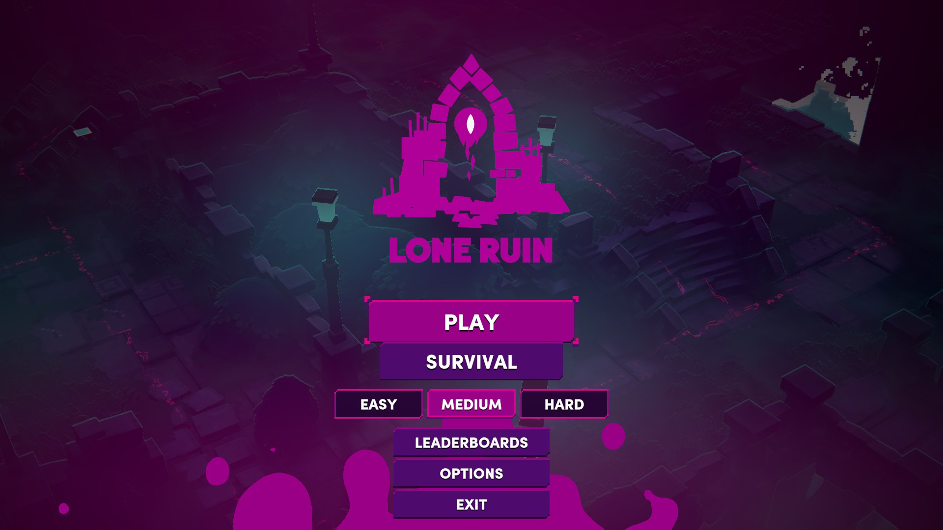 Image shows lone ruin title screen, options include Play, Survival followed by easy medium and hard, then leaderboards, options and exit