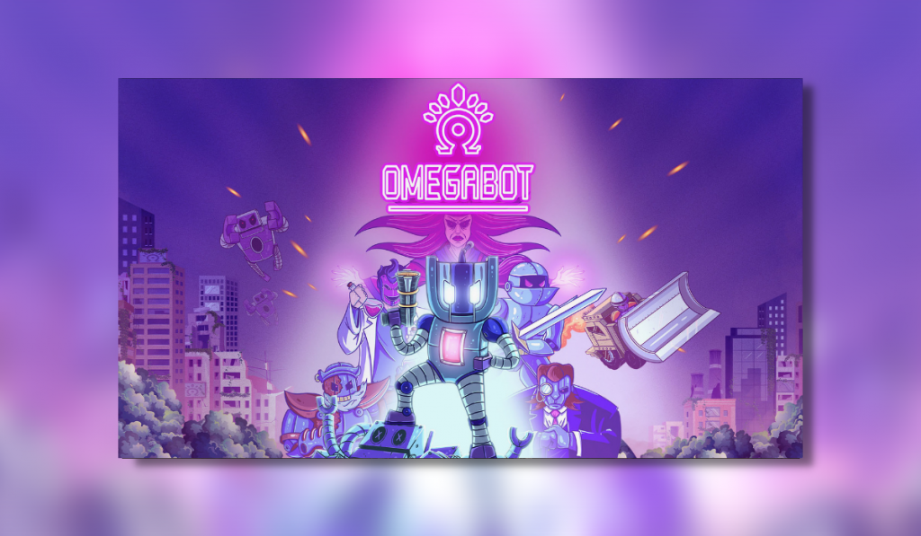 OmegaBot PS5 Review key art showing main character OmegaBot in the foreground with logo above in vibrant neon pink and a collection of the enemies from the game filling the background