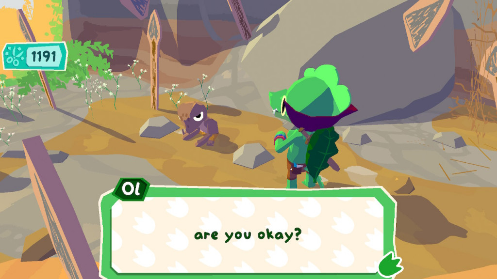 Lil Gator asking "are you okay?" to a fellow character in the game who appears to have fallen down