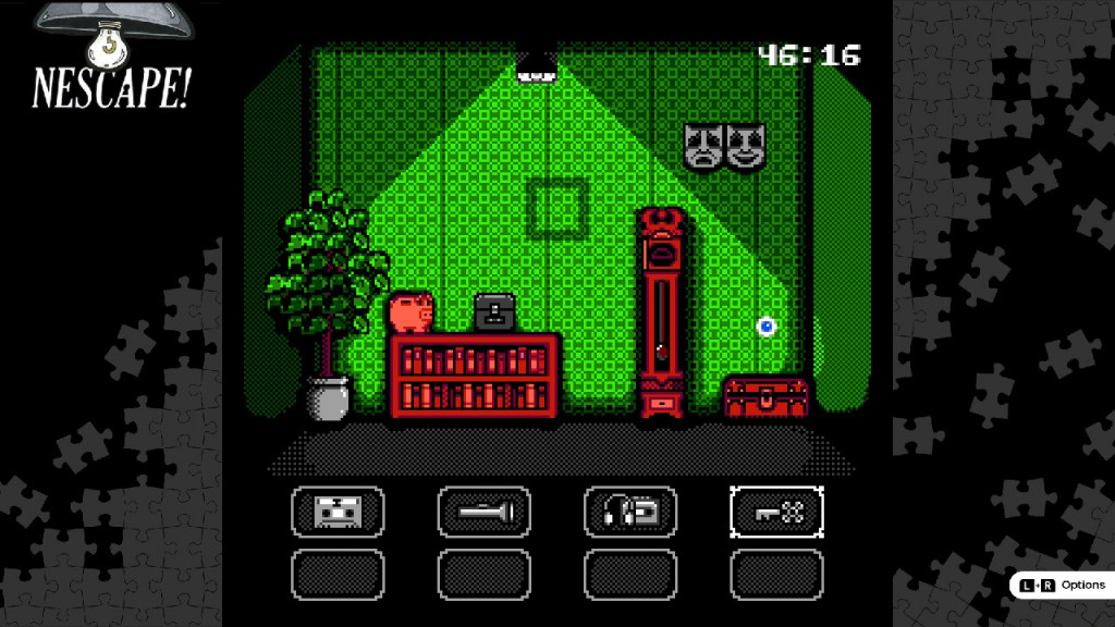Another wall, this time depicted in green. On a book shelf there's a piggy bank and a lockbox. Next to the bookshelf is a grandfather clock, and next to that, a suitcase. Two strange masks are in the middle of the wall. 