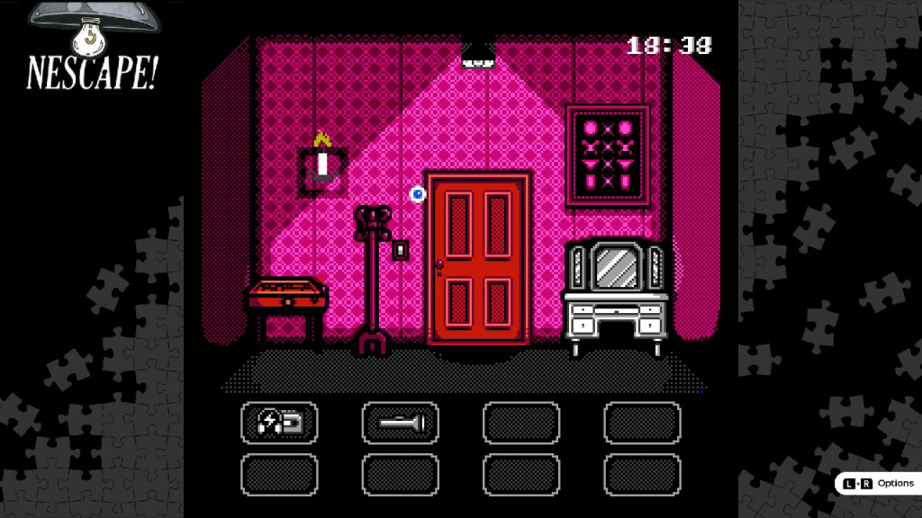 A retro-styled depiction of a wall with various items to interact with—a table game, a candle, a door, something strange in a picture frame, and a dressing table. 