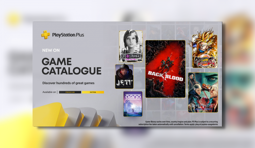 PS Plus Jan 2023 Game Catalogue showing cover art for available games Back 4 Blood, Life is Strange, Jett, Omno, Dragonball FighterZ and Devil May Cry 5 on the right. The PS Plus logo is shown on top Left with texte reading "Game Catalogue" below and the logos for the ps+ premium & extra tiers below.