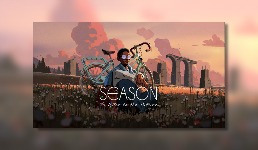 Season A letter to the future key art with logo in the foreground to the bottom of the image. Behind the logo main character Estelle sits in a blossoming meadow as the sun goes down. Her light blue bike is parked on the grass behind her and in the far distance are ruins from the past as the sky fades to red/pink with the sun sets. Estelle is a young black woman who wears glasses. Shes dressed in blue jeans, a white shirt and has a blue jumper tied around her shoulders. She carries a browns leather shoulder bag with her.
