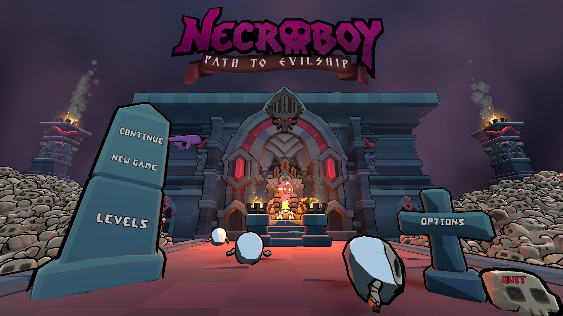 the opening menu screen, shows the game name Necroboy: Path to evilship at the top, with continue game, new game, levels and options as well as an option to quit.