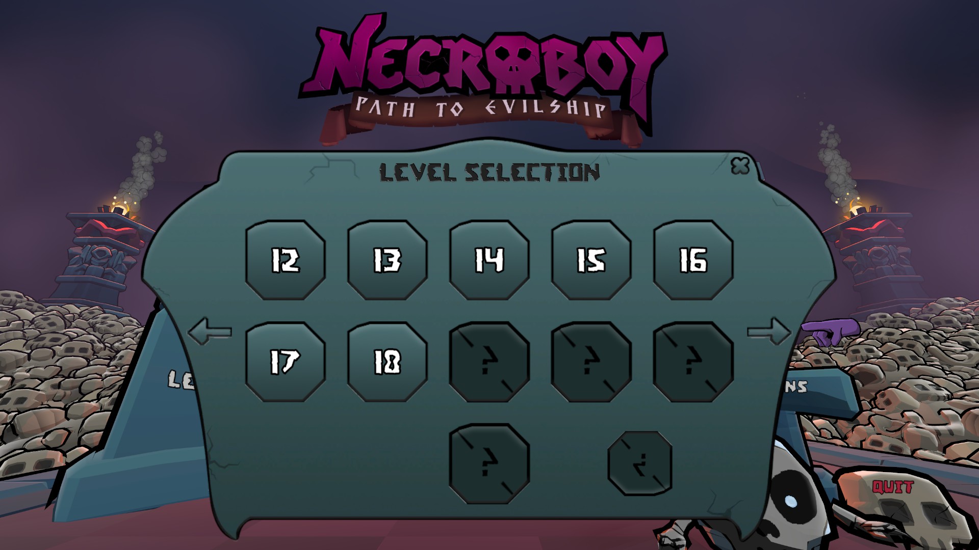 the necroboy level selection screen, showing numbers 12 to 18 but with a forward and backwards arrow.