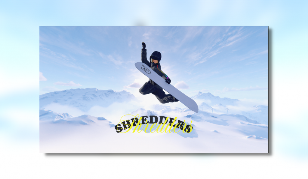 Shredders key art showing a snowboarder dressed in all black on a white board jumping over the game logo. In the background are snow capped mountain peeks, blue sky and bright sun shining through the clouds.