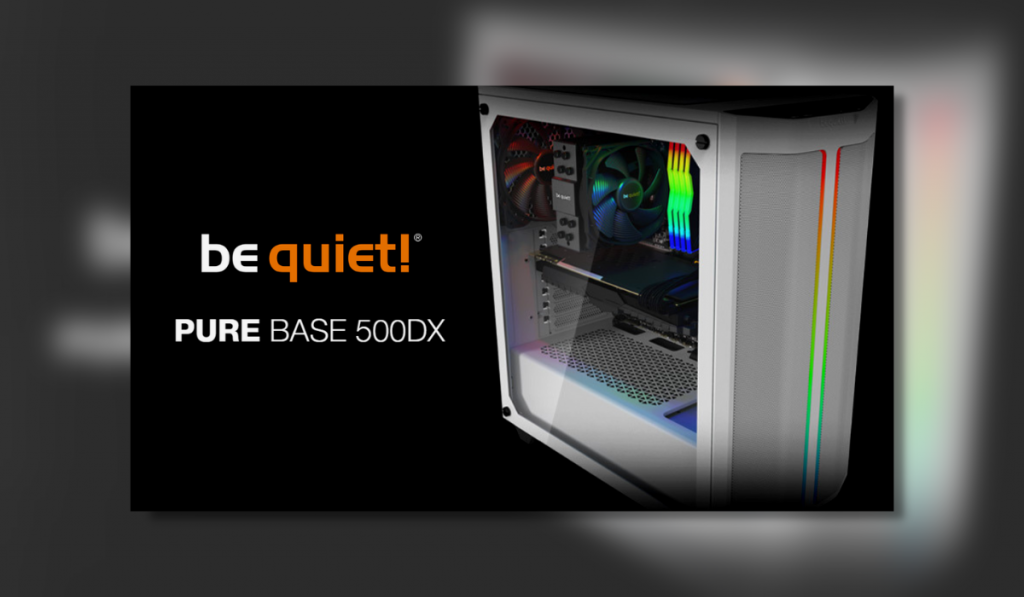 a white be quiet pure base 500DX case stands tall with a black background