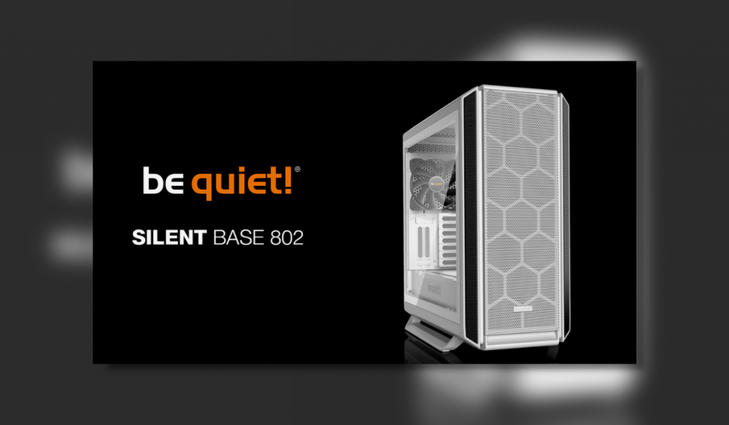 a white be quiet silent base 802 case stands tall with a black background