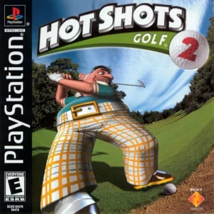 cover art for Hot Shots Golf 2 on PS1 showing the game logo at the top with male character wearing yellow check trowers and petrol green top abou to swing a shot from a sand bunker