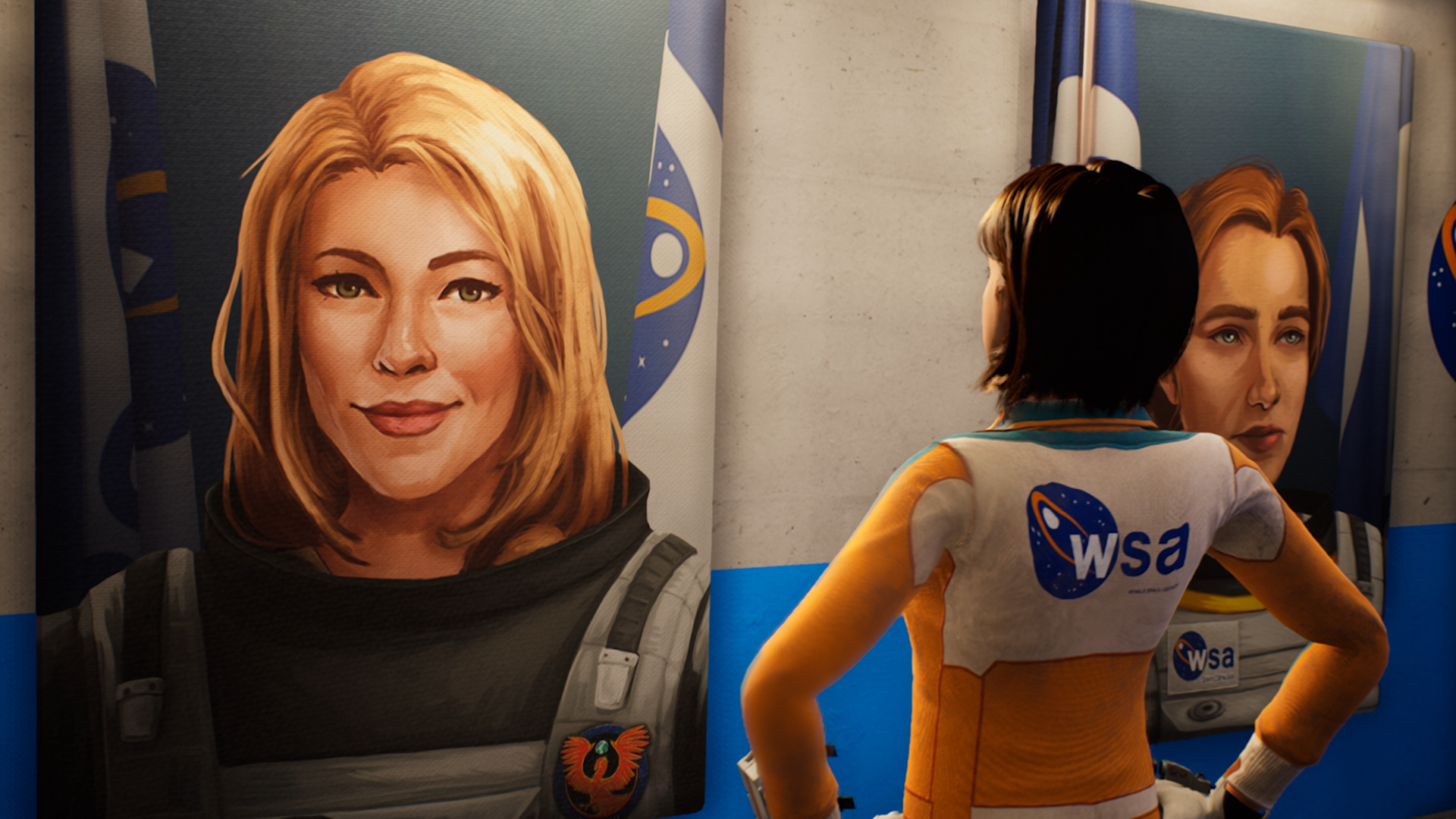 Johannson stands in front of flags of other female astronauts