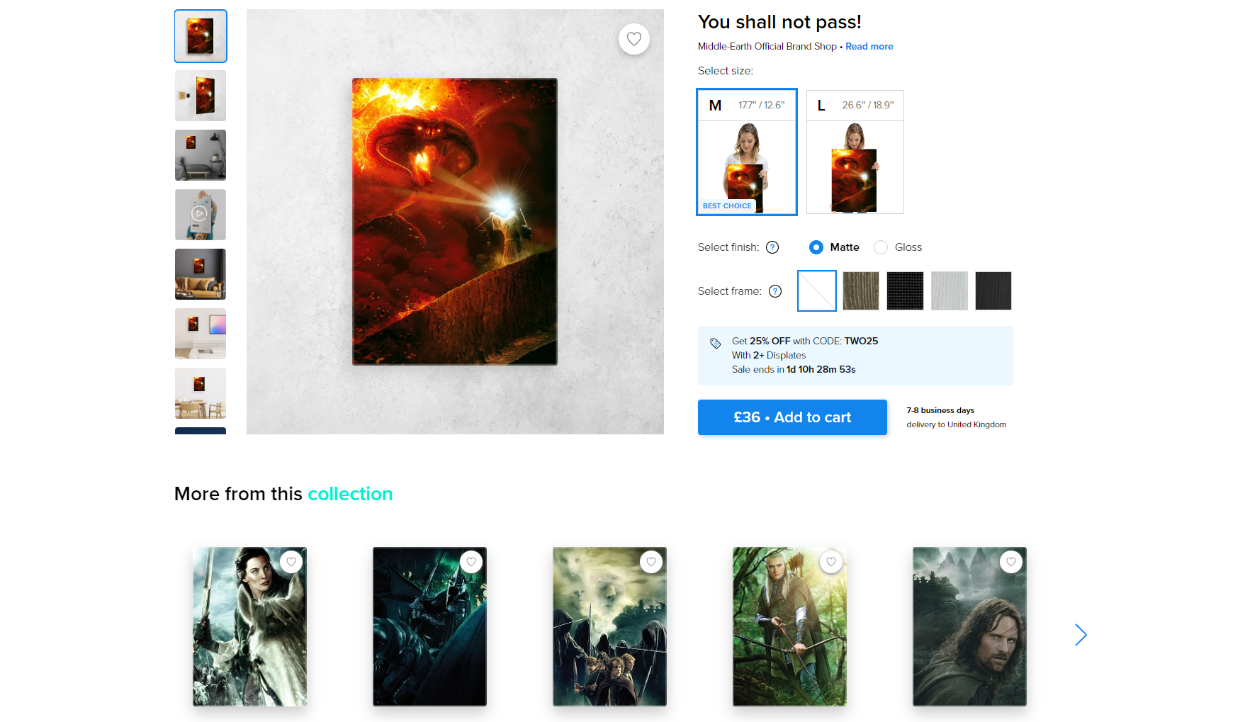 Displate website showing the latest Middle Earth themed options.