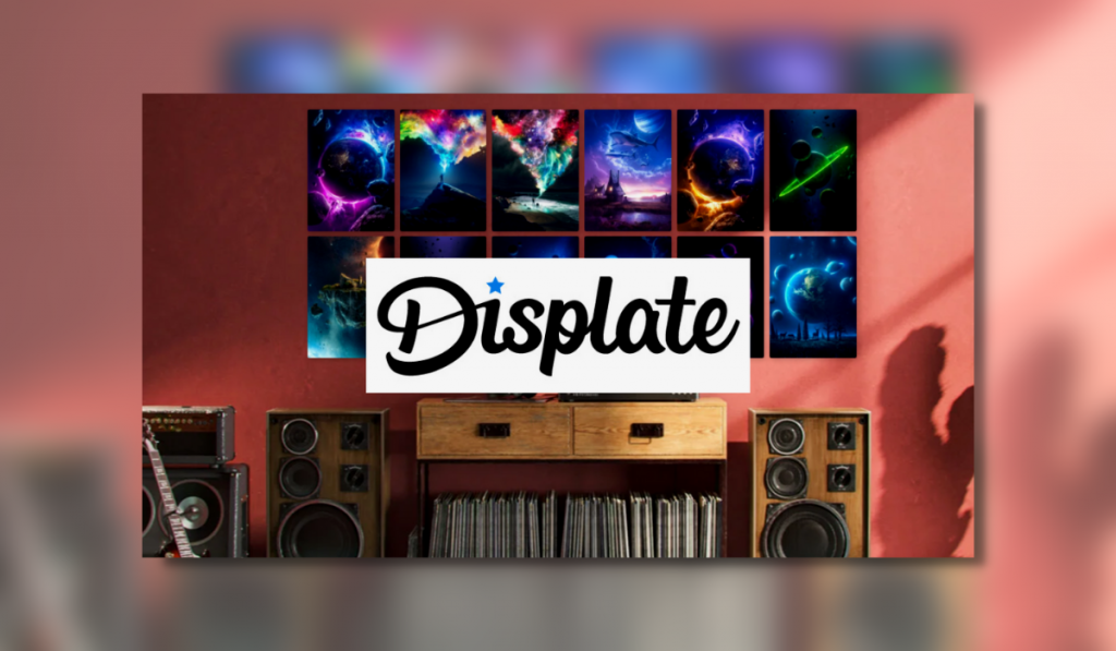Featured Image showing the displate logo with a selection of Displates in the background