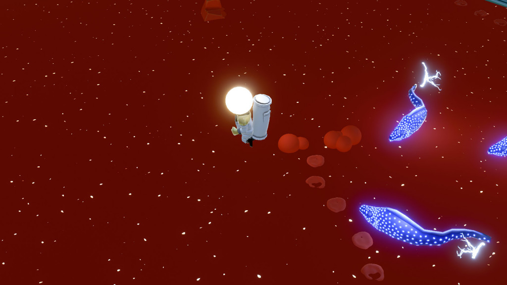 Megalan 11 screenshot where your character is running away from the Space Fish