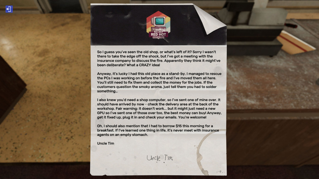 A letter you receive from your uncle Tim at the beginning of the game that sets the events in motion. 